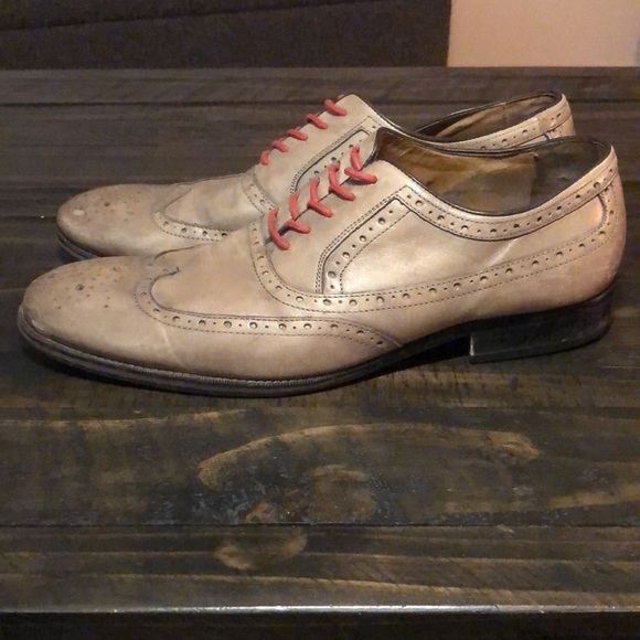 JOHNSTON & MURPHY Taupe Wingtip Lace up with Red shoestrings mens 11.5 - Picture 2 of 6